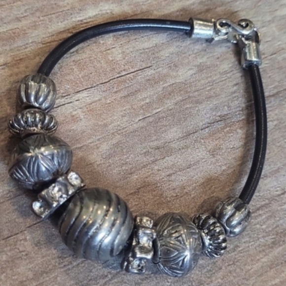 Unbranded Jewelry - Vintage Silver Tone Beaded Black Leather Cord Bracelet, Magnetic Closure